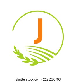 Agriculture Logo On J Letter Concept. Agriculture and Farming Logo Sign J Letter Template