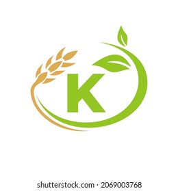 Agriculture Logo On K Letter Concept. Agriculture and farming logo design. Agribusiness, Eco-farm and rural country design with K letter Template