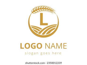 Agriculture Logo On L Letter Concept. Wheat Logo For Agriculture Symbol Vector Template.