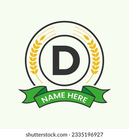 Agriculture Logo On Letter D Concept. Agro Farming Logotype for Bakery, Bread, Cake, Cafe, Pastry Identity