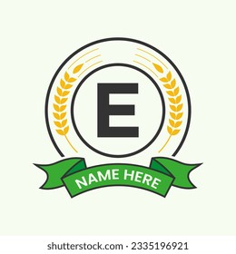 Agriculture Logo On Letter E Concept. Agro Farming Logotype for Bakery, Bread, Cake, Cafe, Pastry Identity
