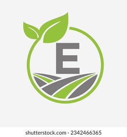 Agriculture Logo On Letter E With Leaf and Field Symbol. Farming Logotype Symbol Template