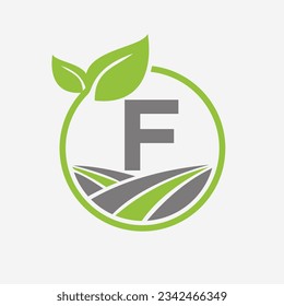 Agriculture Logo On Letter F With Leaf and Field Symbol. Farming Logotype Symbol Template