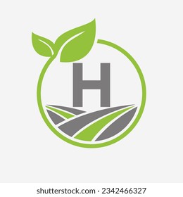 Agriculture Logo On Letter H With Leaf and Field Symbol. Farming Logotype Symbol Template