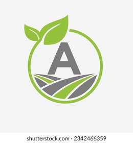 Agriculture Logo On Letter A With Leaf and Field Symbol. Farming Logotype Symbol Template