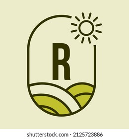 Agriculture Logo On Letter R Emblem Template. Farmland Letter R Agro Farm, Agribusiness, Eco-farm Sign with Sun and Agricultural Field Symbol