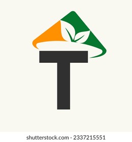 Agriculture Logo On Letter T Concept With Farmer Hat Icon. Farming Logotype Template