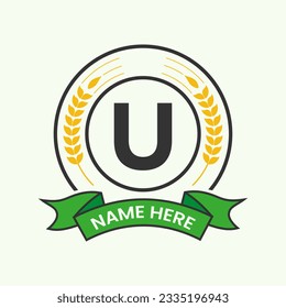 Agriculture Logo On Letter U Concept. Agro Farming Logotype for Bakery, Bread, Cake, Cafe, Pastry Identity