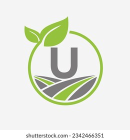 Agriculture Logo On Letter U With Leaf and Field Symbol. Farming Logotype Symbol Template