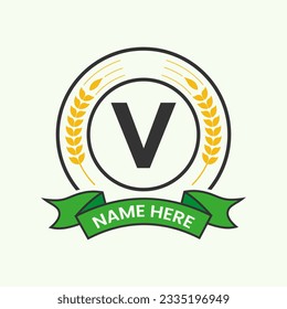 Agriculture Logo On Letter V Concept. Agro Farming Logotype for Bakery, Bread, Cake, Cafe, Pastry Identity