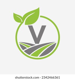 Agriculture Logo On Letter V With Leaf and Field Symbol. Farming Logotype Symbol Template