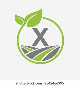 Agriculture Logo On Letter X With Leaf and Field Symbol. Farming Logotype Symbol Template