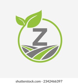 Agriculture Logo On Letter Z With Leaf and Field Symbol. Farming Logotype Symbol Template