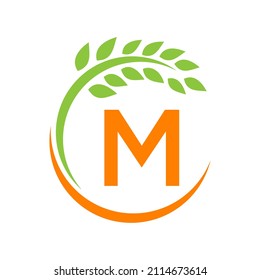 Agriculture Logo On M Letter Concept. Agriculture And Farming Pasture, Milk, Barn logo design. Farm Badge, Agribusiness, Eco-farm Design With M Letter Template