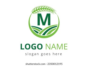 Logo Agrícola En El Concepto De Letra M. Logo De Trigo Para La Plantilla De Vector De Símbolo Agrícola.