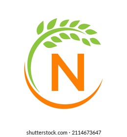 Agriculture Logo On N Letter Concept. Agriculture And Farming Pasture, Milk, Barn logo design. Farm Badge, Agribusiness, Eco-farm Design With N Letter Template