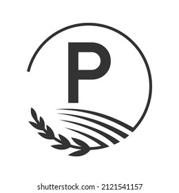 Agriculture Logo On P Letter Concept. Agriculture and Farming Logo Sign P Letter Template