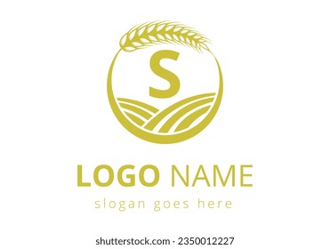 Agriculture Logo On S Letter Concept. Wheat Logo For Agriculture Symbol Vector Template.