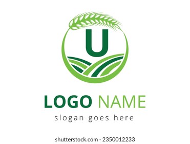 Agriculture Logo On U Letter Concept. Wheat Logo For Agriculture Symbol Vector Template.