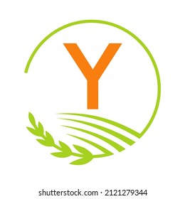 Agriculture Logo On Y Letter Concept. Agriculture and Farming Logo Sign Y Letter Template