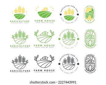 agriculture logo set, farming icons, farming land, crop field, meadow, milk, barn, vector illustration