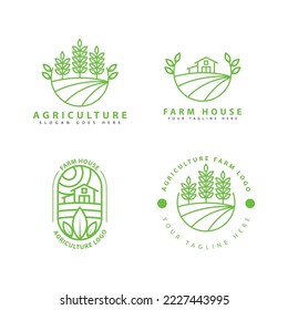 agriculture logo set, farming icons, farming land, crop field, meadow, milk, barn, vector illustration