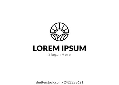 agriculture logo with sun and fields in line art design style