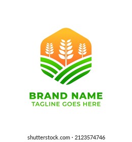 agriculture logo template with farmland shape and shining sun