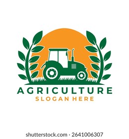 Agriculture logo with tractor and Wheat Green vector template