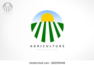 Agriculture logo vector. Sky, sun and field.