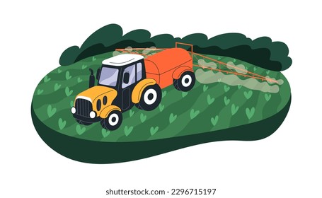 Agriculture machine fertilizing farm land, soil. Tractor spraying fertilizer on agricultural ground, farmland. Crop irrigation, cultivation. Flat vector illustration isolated on white background