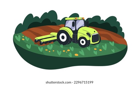 Agriculture machine works at farm field, land. Rotary tractor at farmland, preparing soil. Ground, earth preparation for crop cultivation. Flat vector illustration isolated on white background