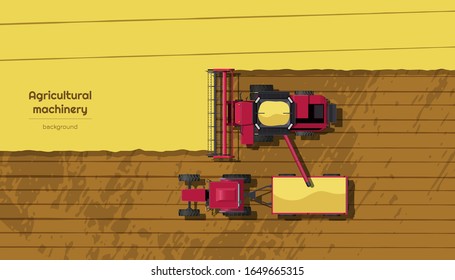 Agriculture machinery. Top view of harvester combine and tractor on field. Industrial landscape. Rural background. Farmer work panorama. Harvesting scene. Vector illustration svg