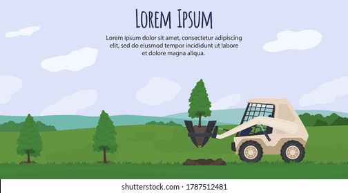 Agriculture machinery vector illustration. Cartoon flat agrarian tractor machine planting green tree, working in countryside farmland landscape, robotic automation agricultural technology background