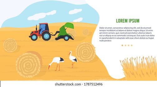 Agriculture machinery vector illustration. Cartoon flat agricultural agrarian tractor transporting hay bale haystack, harvesting machine working in organic farm field, farmland technology banner