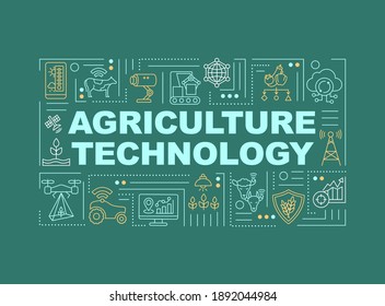 Agriculture machinery word concepts banner. Modern farming techniques. Infographics with linear icons on dark green background. Isolated typography. Vector outline RGB color illustration