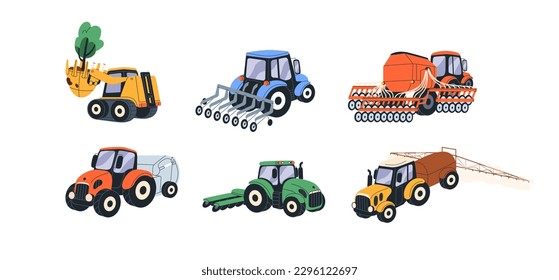 Máquinas agrícolas, tractores agrícolas, maquinaria agrícola. Transporte agrícola de diferentes tipos para cultivos. Ilustraciones gráficas planas vectoriales aisladas en fondo blanco