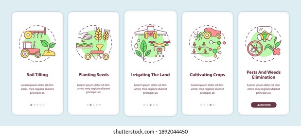 Agriculture machines tasks onboarding mobile app page screen with concepts. Soil tilling technologies walkthrough 5 steps graphic instructions. UI vector template with RGB color illustrations