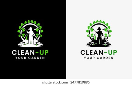 Agriculture maintenance cleanup, Garden Lawn care, garden cleaner man, tree cleanup icon, farmer, lawn service sample template