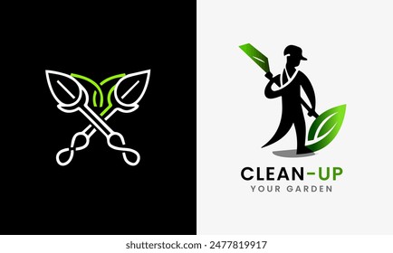 Agriculture maintenance cleanup, Garden Lawn care, garden cleaner man, tree cleanup icon, farmer, lawn service sample template