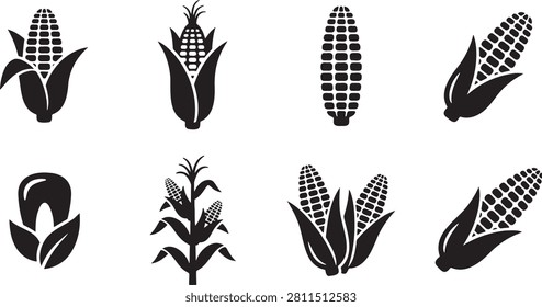 Agriculture maize crops ears of corn and cornstalks silhouettes