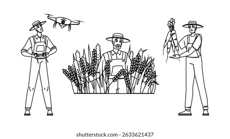 agricultura masculino agricultor vetor. colheitas pecuária, lavoura colheita, trator celeiro agricultura masculino agricultor caráter. pessoas linha preta lápis desenho ilustração