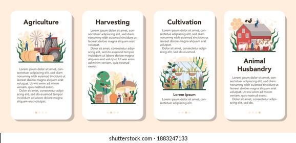 Agriculture mobile application banner set. Farming food cultivation and production. Village groceries harvesting. Countryside animal husbandry. Isolated flat illustration