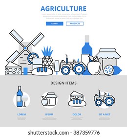 Agriculture natural farm pure product food growing windmill concept flat line art vector icons. Modern website infographics illustration hero image web banner. Lineart collection.