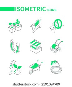 Agriculture and natural production - modern line isometric icons set with editable stroke. Seedling in pot, apply pesticides against insects, food market, subsistence farming, fertilizer and watering