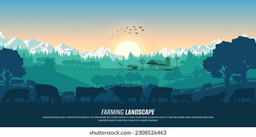 Agriculture, nature, and farming landscape. Silhouette of tractor, barn, and farm. Fields with wheat harvest. Cows, horses, sheep. Technological household. Banner with copy space.