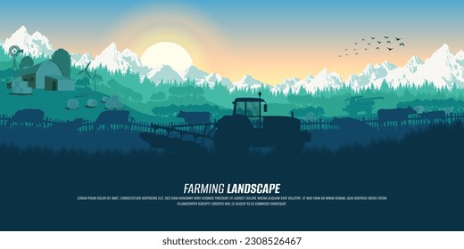 Agricultura, naturaleza y paisaje agrícola. Silhouette de tractor, granero y granja. Campos con cosecha de trigo. Vacas, caballos, ovejas. Hogar tecnológico. Cartel con espacio para copiar.