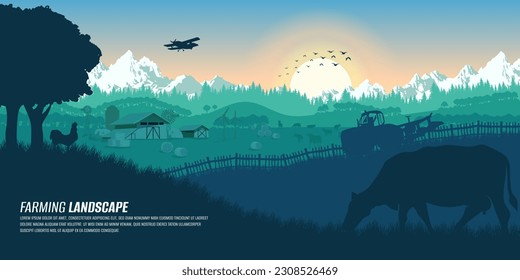 Agriculture, nature, and farming landscape. Silhouette of tractor, barn, and farm. Fields with wheat harvest. Cows, horses, sheep. Technological household. Banner with copy space.