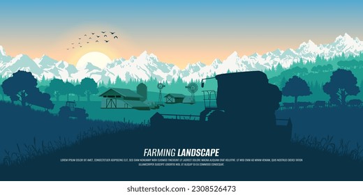 Agriculture, nature, and farming landscape. Silhouette of tractor, barn, and farm. Fields with wheat harvest. Cows, horses, sheep. Technological household. Banner with copy space.