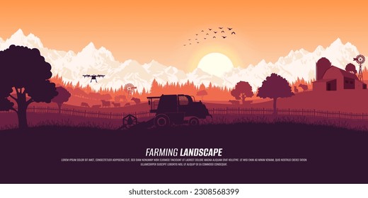 Agricultura, naturaleza y paisaje agrícola. Silhouette de tractor, granero y granja. Campos con cosecha de trigo. Vacas, caballos, ovejas. Hogar tecnológico. Cartel con espacio para copiar.